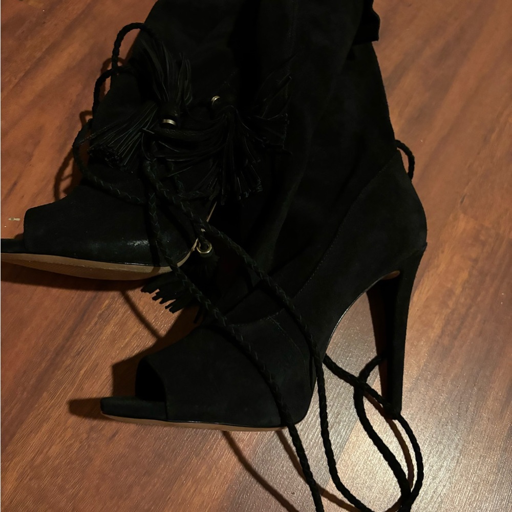 SCHUTZ Black Suede Peep-Toe Heeled Boots